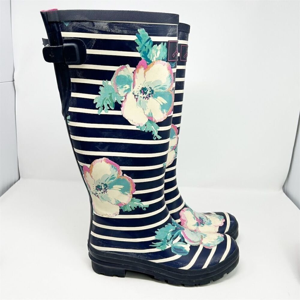 Joules Navy Blue Watercolor Floral Stripe Rain Boots Size 8 **small flaw**
